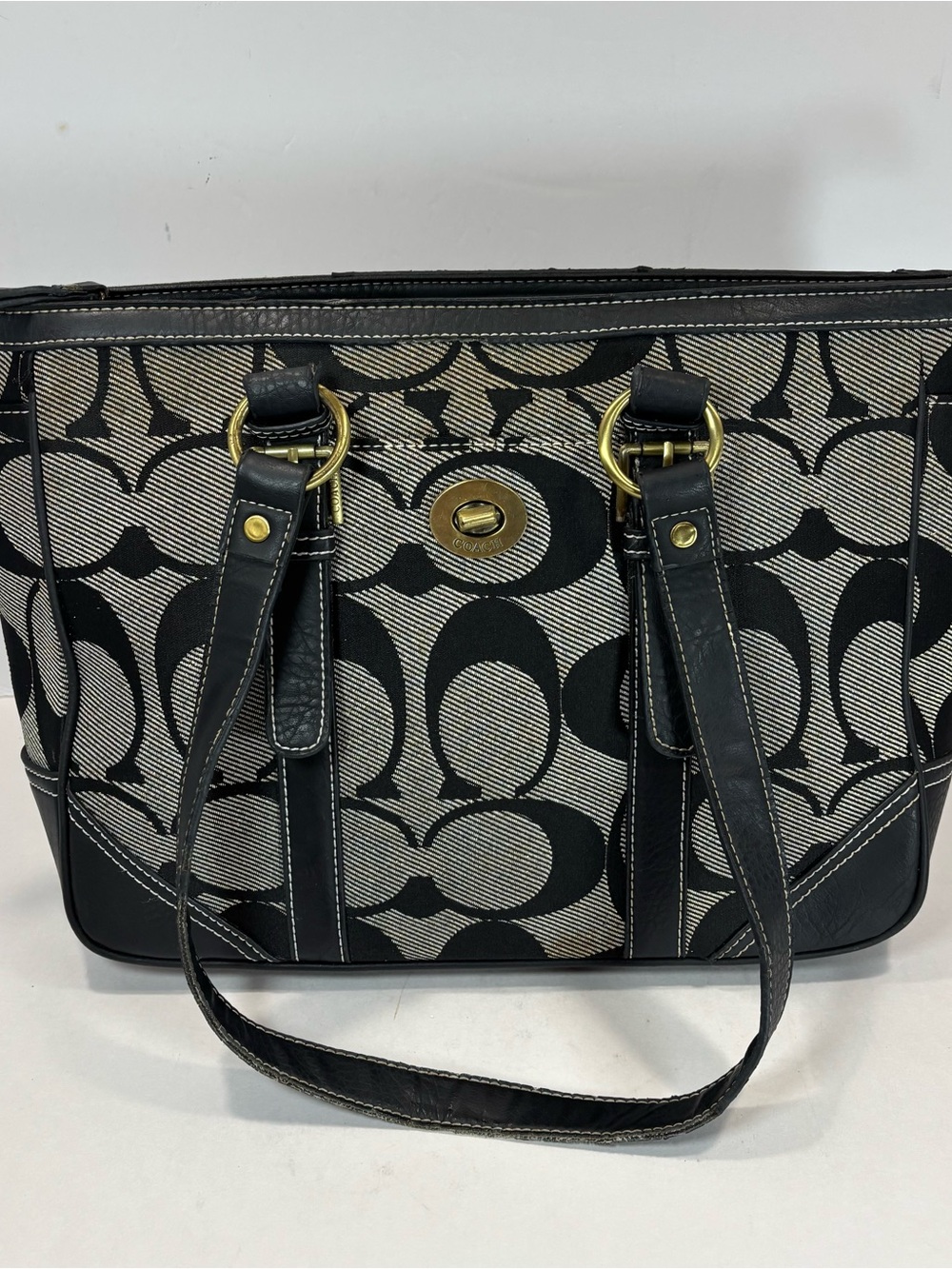 Coach Signature Monogram Turnlock Medium Tote Bag Black/Gold Y2K Read